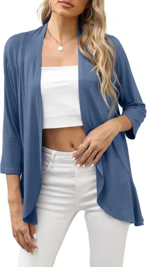 HIYIYEZI Women's Casual Lightweight Open Front Cardigans Soft Draped Ruffles 3/4 Sleeve Cardigan