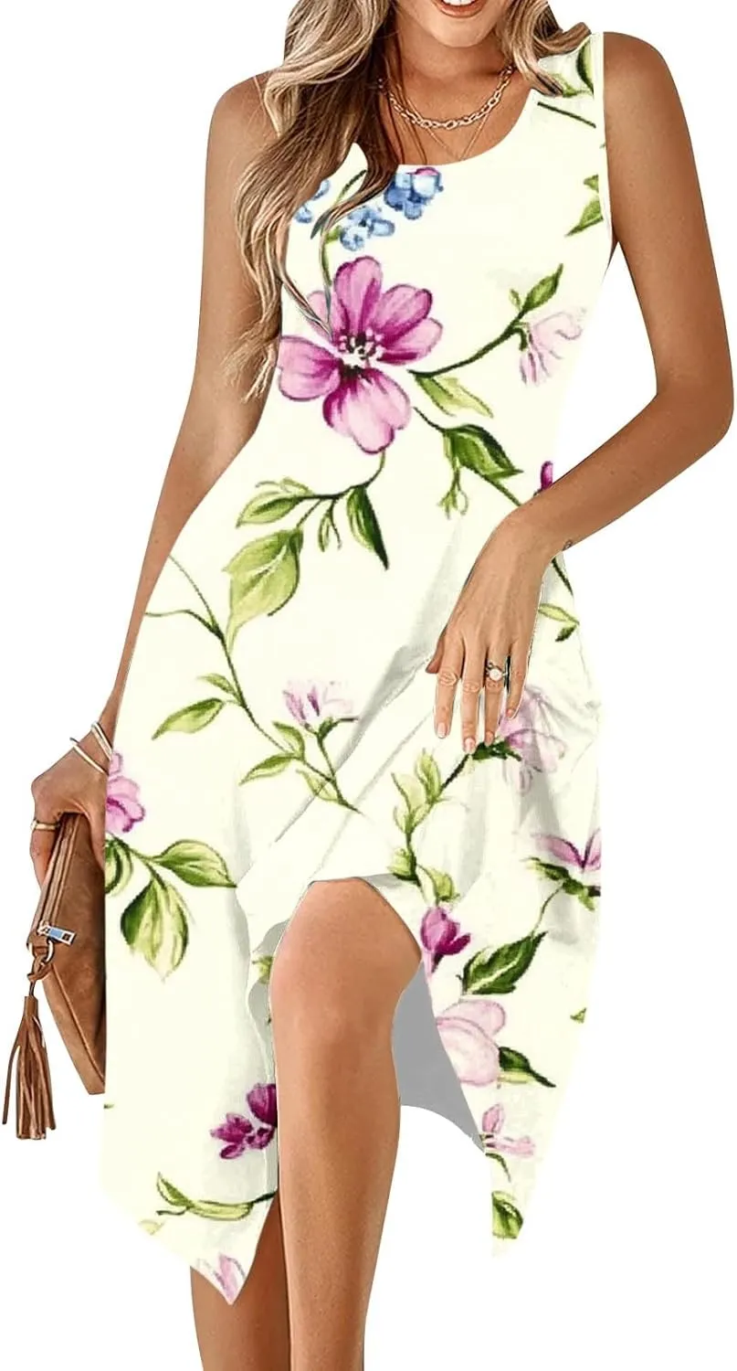 hlysgo Beach Dresses for Women 2025 Trendy Floral Print Handkerchief Hem Beach Sundress Summer A-Line Flowy Boho Mini Dress