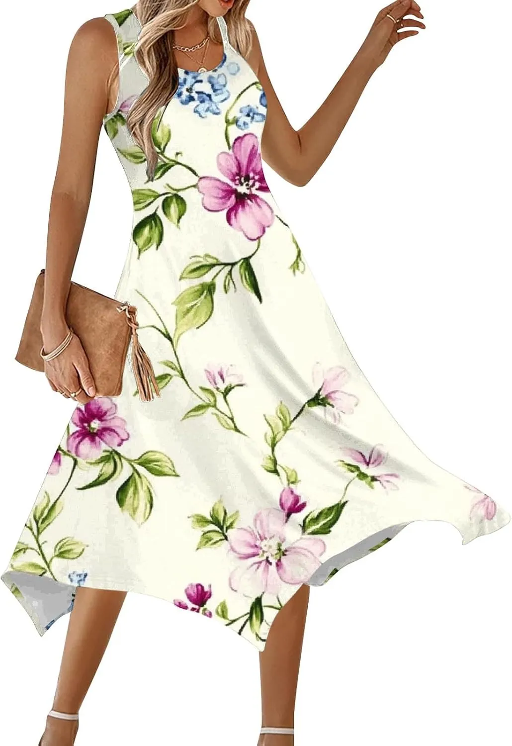 hlysgo Beach Dresses for Women 2025 Trendy Floral Print Handkerchief Hem Beach Sundress Summer A-Line Flowy Boho Mini Dress