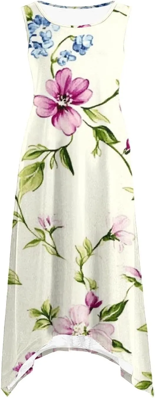 hlysgo Beach Dresses for Women 2025 Trendy Floral Print Handkerchief Hem Beach Sundress Summer A-Line Flowy Boho Mini Dress