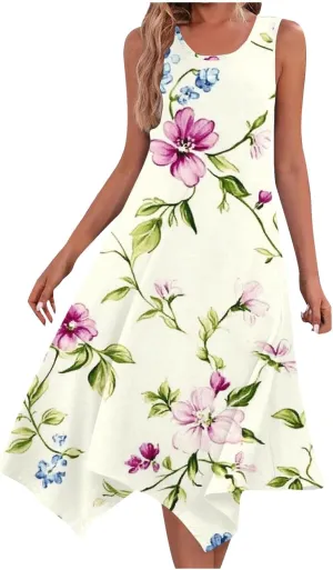 hlysgo Beach Dresses for Women 2025 Trendy Floral Print Handkerchief Hem Beach Sundress Summer A-Line Flowy Boho Mini Dress
