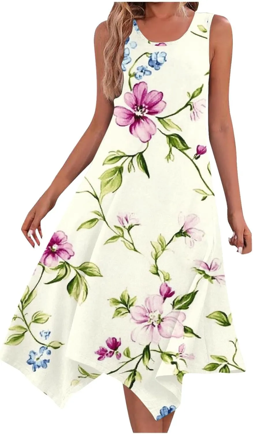 hlysgo Beach Dresses for Women 2025 Trendy Floral Print Handkerchief Hem Beach Sundress Summer A-Line Flowy Boho Mini Dress