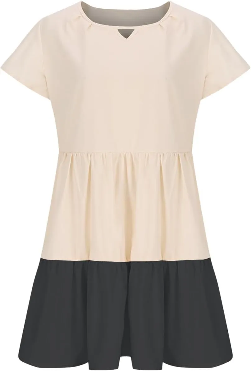 hlysgo Womens Summer Dresses 2024 Casual Frill Sleeve Keyhole Neck Mini Dress Color Block A-Line Flowy Pleated Beach Dress