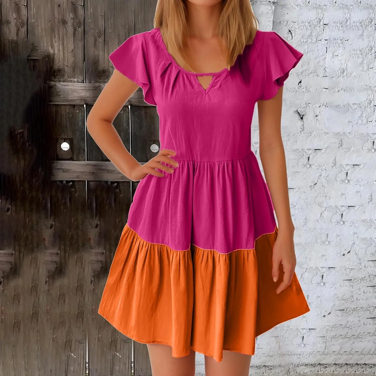 hlysgo Womens Summer Dresses 2024 Casual Frill Sleeve Keyhole Neck Mini Dress Color Block A-Line Flowy Pleated Beach Dress