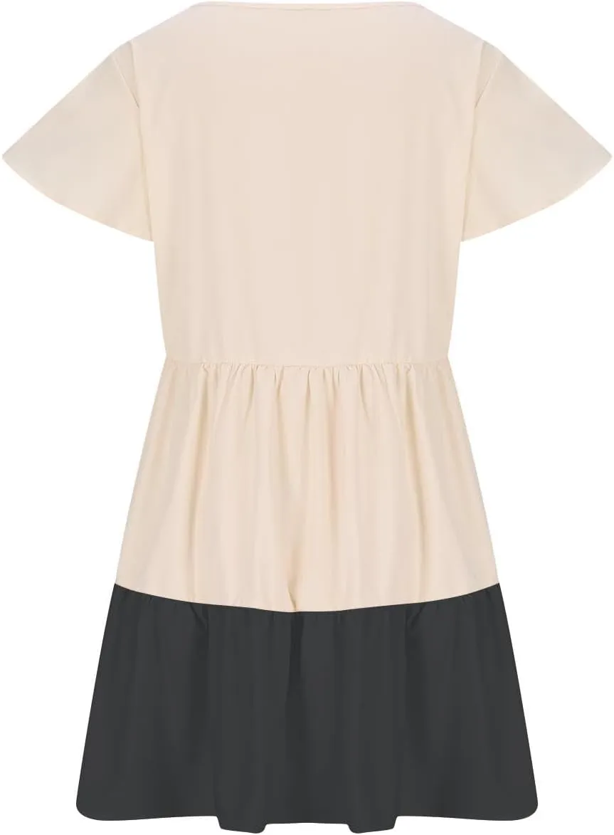 hlysgo Womens Summer Dresses 2024 Casual Frill Sleeve Keyhole Neck Mini Dress Color Block A-Line Flowy Pleated Beach Dress