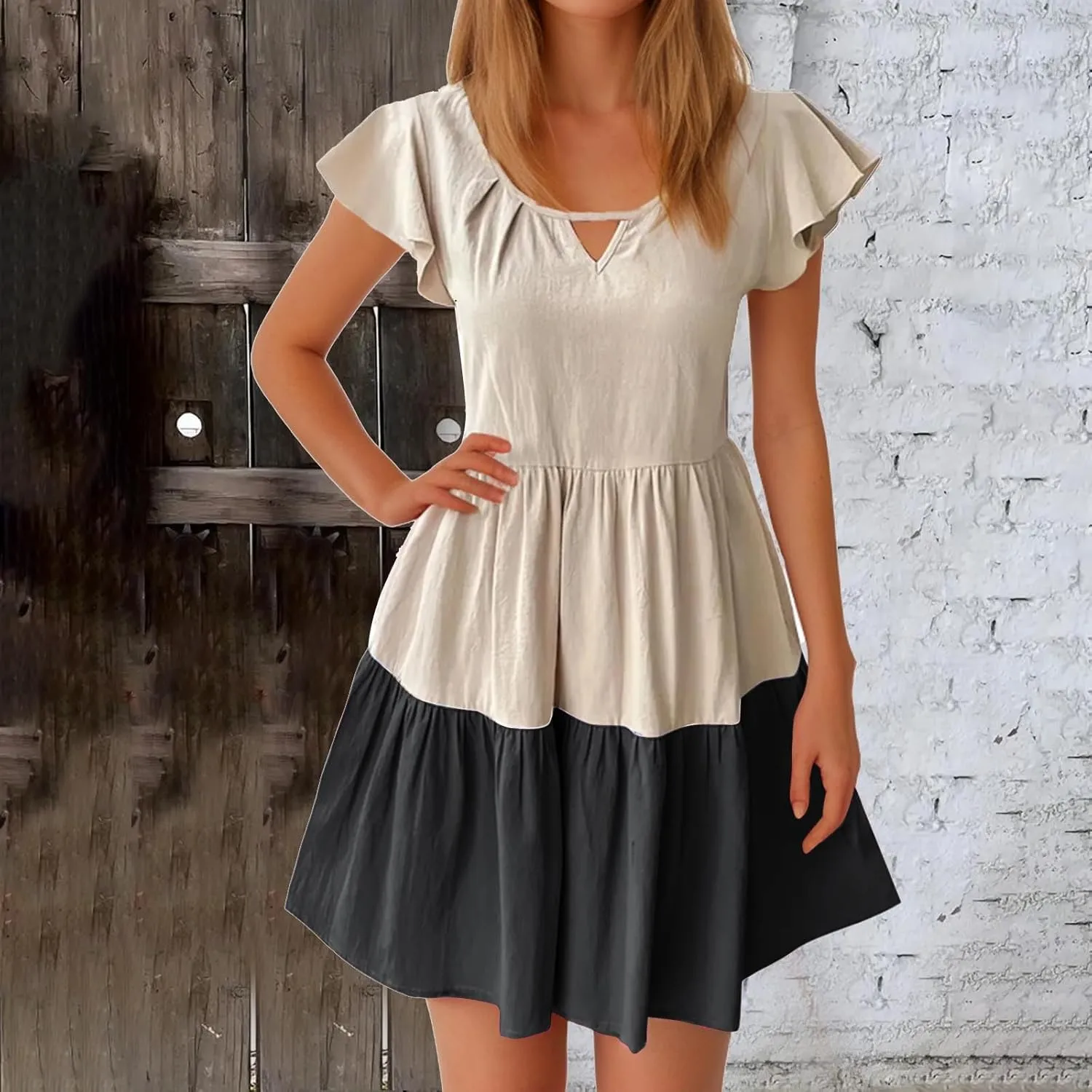 hlysgo Womens Summer Dresses 2024 Casual Frill Sleeve Keyhole Neck Mini Dress Color Block A-Line Flowy Pleated Beach Dress