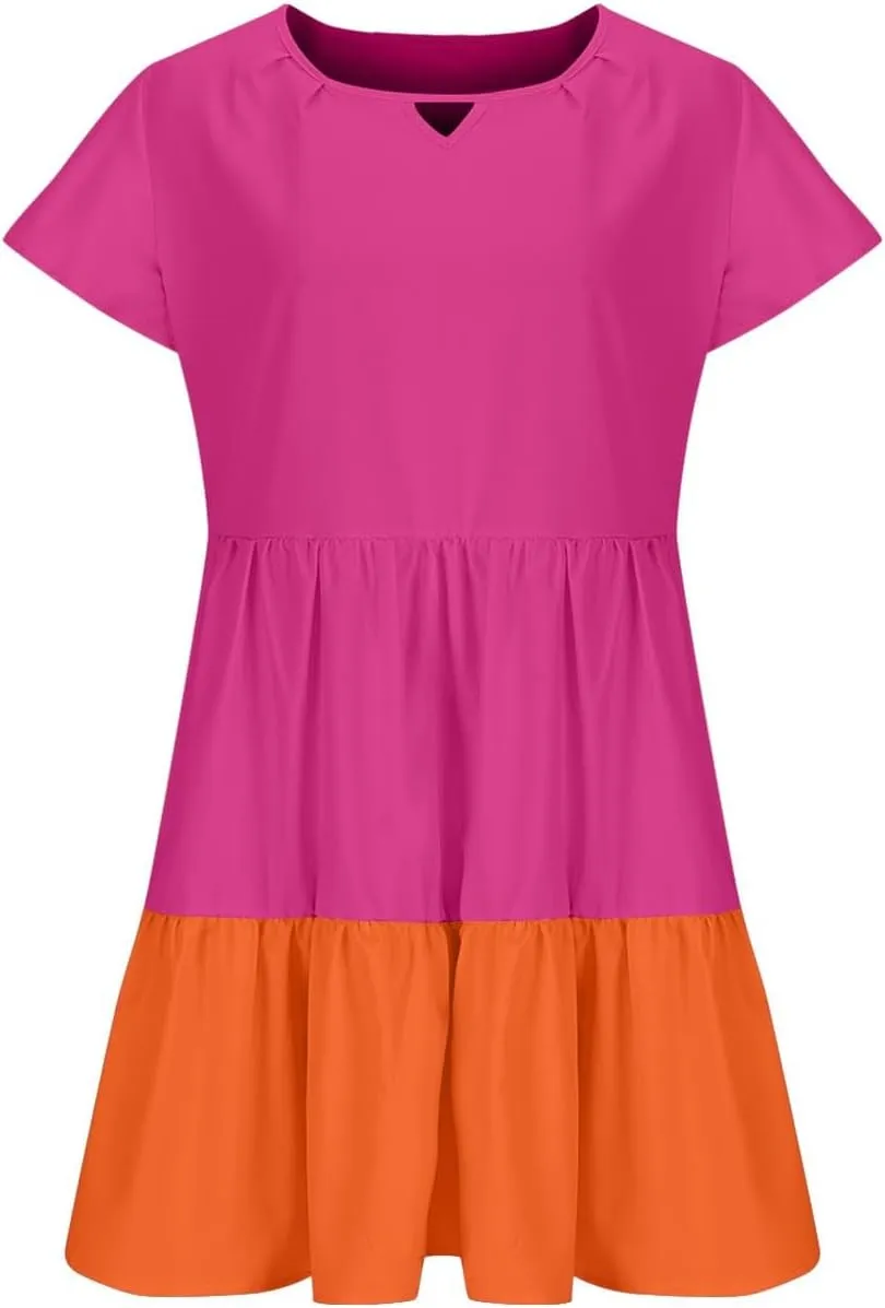hlysgo Womens Summer Dresses 2024 Casual Frill Sleeve Keyhole Neck Mini Dress Color Block A-Line Flowy Pleated Beach Dress
