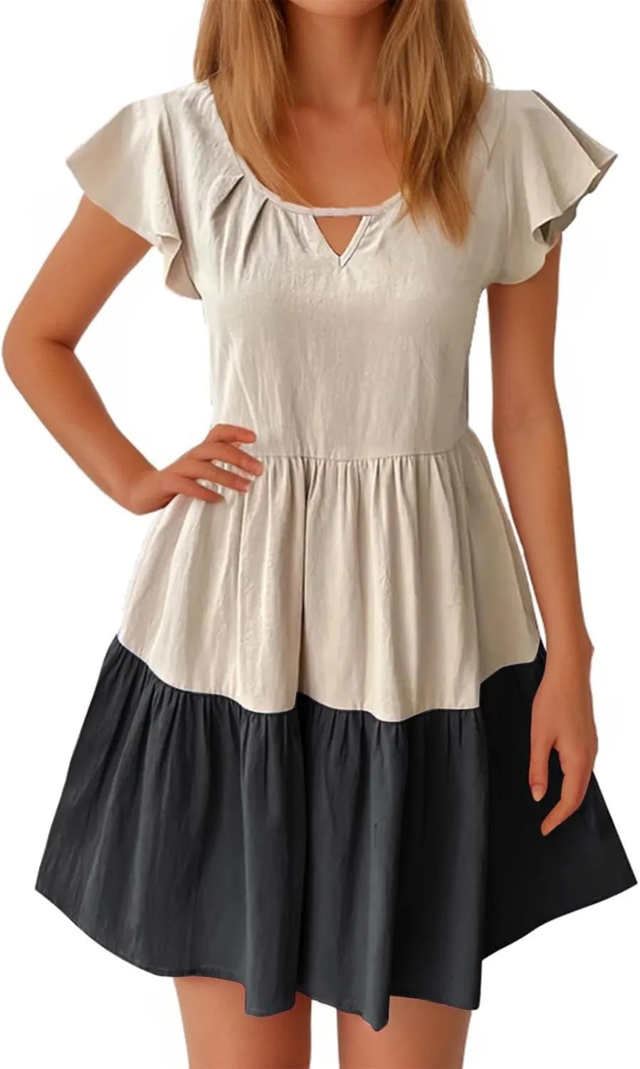 hlysgo Womens Summer Dresses 2024 Casual Frill Sleeve Keyhole Neck Mini Dress Color Block A-Line Flowy Pleated Beach Dress