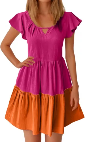 hlysgo Womens Summer Dresses 2024 Casual Frill Sleeve Keyhole Neck Mini Dress Color Block A-Line Flowy Pleated Beach Dress