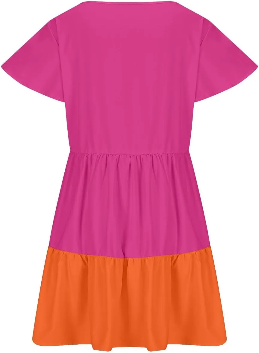 hlysgo Womens Summer Dresses 2024 Casual Frill Sleeve Keyhole Neck Mini Dress Color Block A-Line Flowy Pleated Beach Dress
