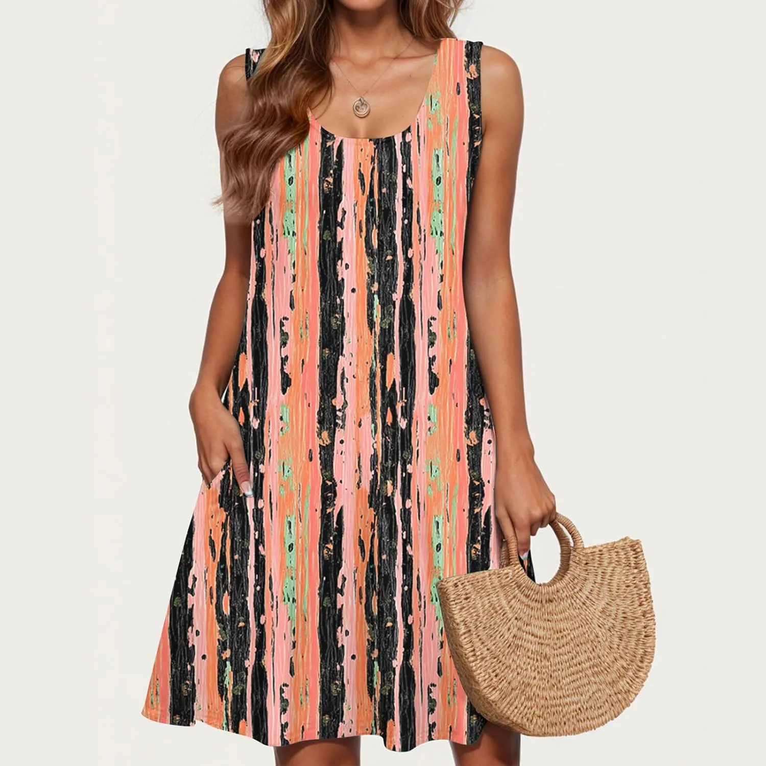 hlysgo Womens Summer Dresses 2025 Trendy Floral Print Sleeveless Crew Neck Tank Mini Dress A-Line Flowy Short Beach Sundress