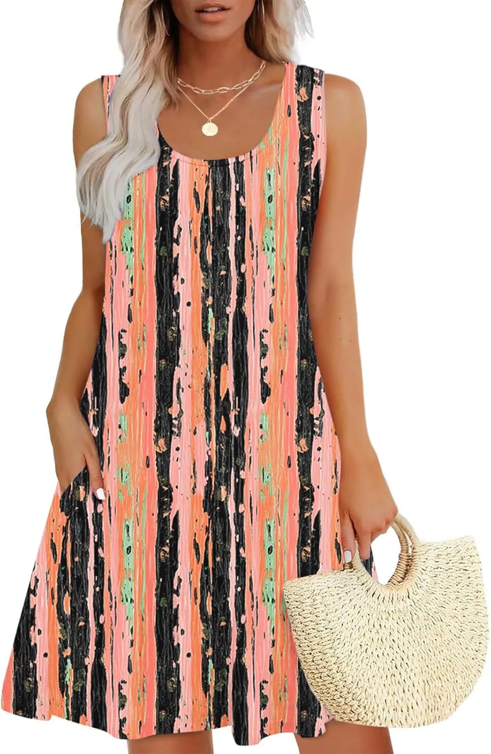 hlysgo Womens Summer Dresses 2025 Trendy Floral Print Sleeveless Crew Neck Tank Mini Dress A-Line Flowy Short Beach Sundress
