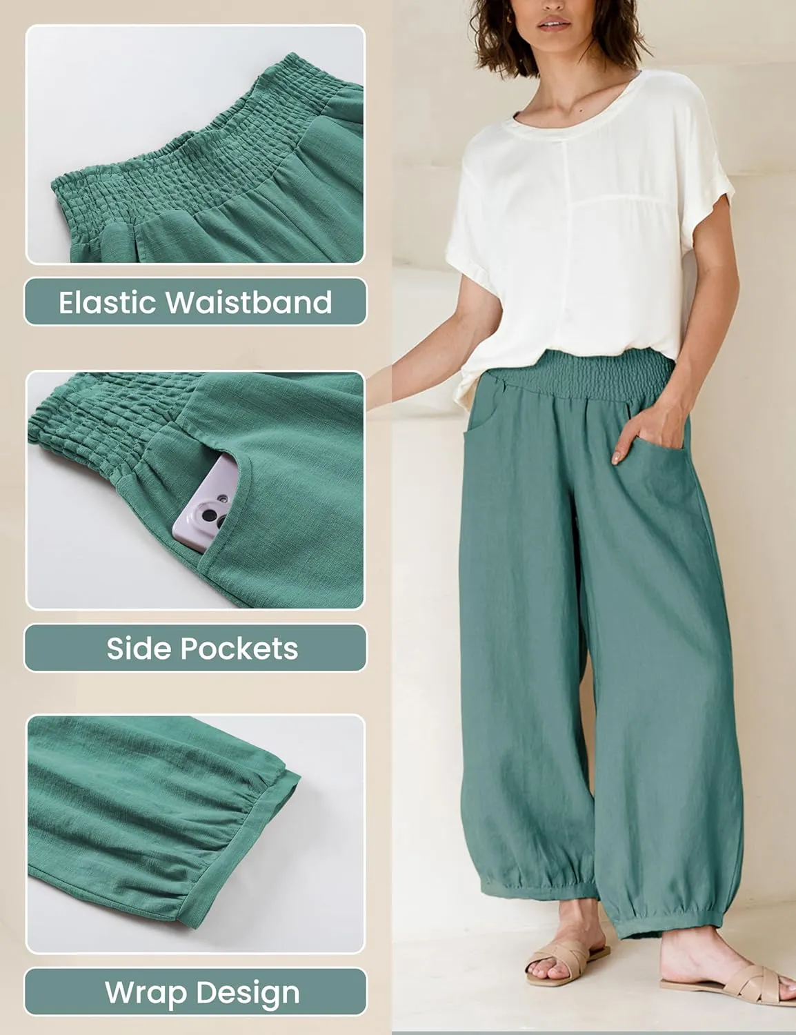 Hooever Women's Cotton Linen Pants Summer High Waisted Wide Leg Palazzo Pant Flowy Beach Trousers