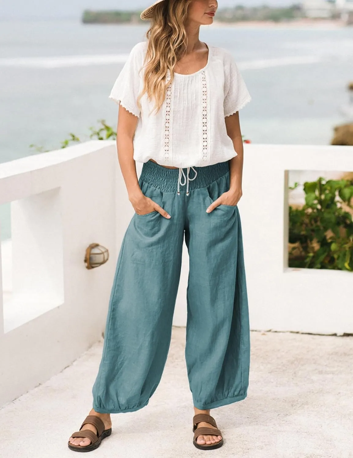 Hooever Women's Cotton Linen Pants Summer High Waisted Wide Leg Palazzo Pant Flowy Beach Trousers