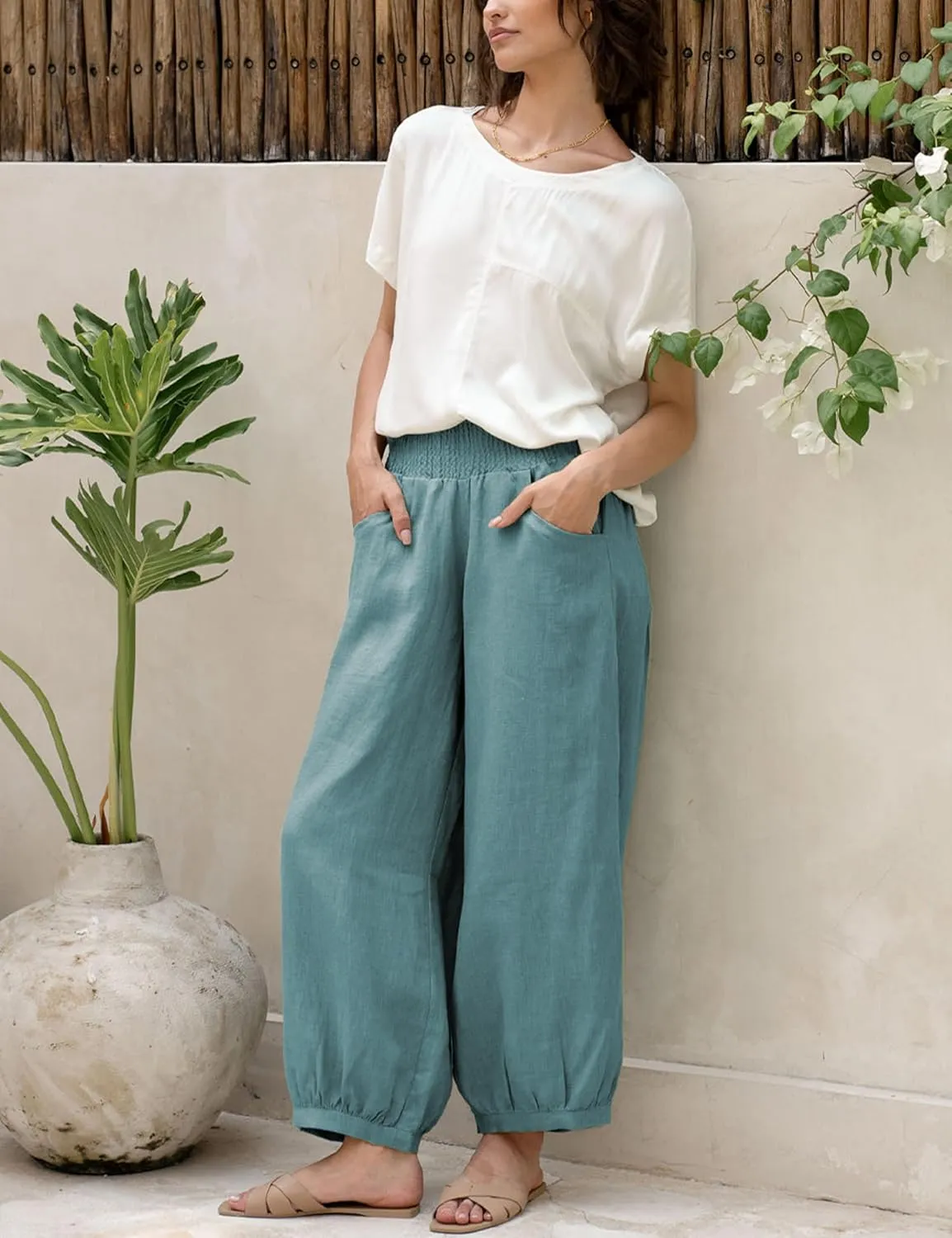 Hooever Women's Cotton Linen Pants Summer High Waisted Wide Leg Palazzo Pant Flowy Beach Trousers