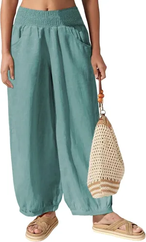 Hooever Women's Cotton Linen Pants Summer High Waisted Wide Leg Palazzo Pant Flowy Beach Trousers