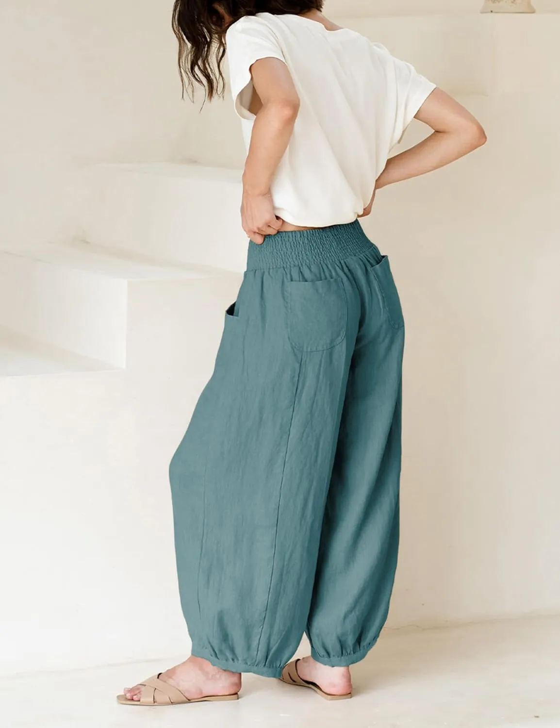 Hooever Women's Cotton Linen Pants Summer High Waisted Wide Leg Palazzo Pant Flowy Beach Trousers