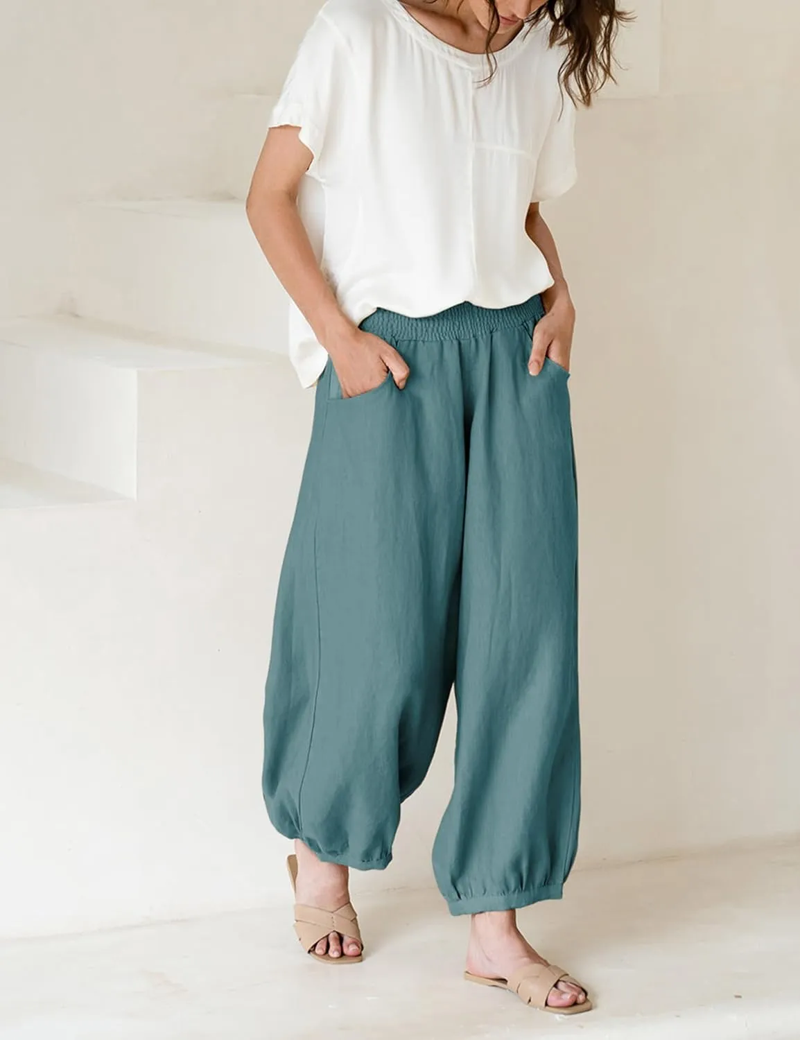 Hooever Women's Cotton Linen Pants Summer High Waisted Wide Leg Palazzo Pant Flowy Beach Trousers
