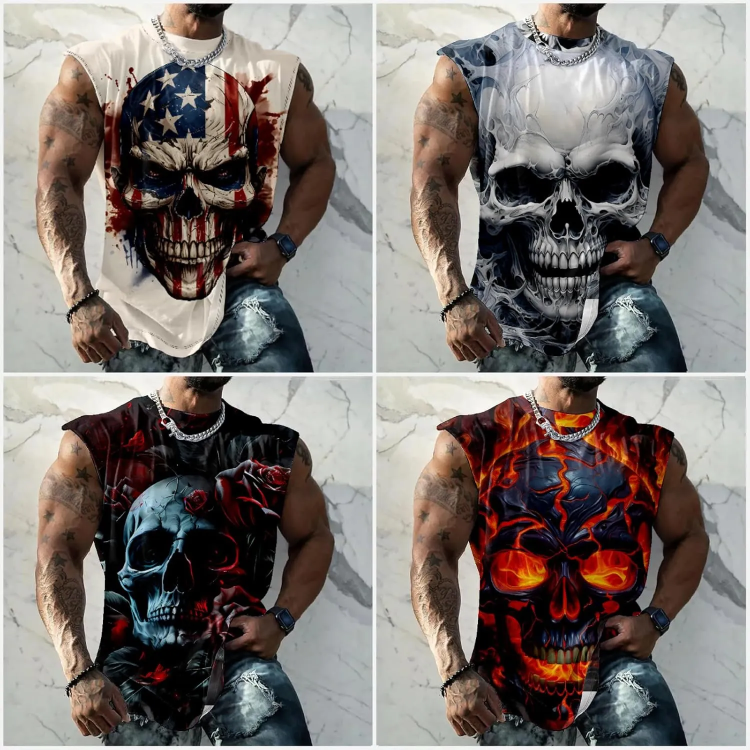 HOTYD Men's Graphic Tank Tops Novelty Skull 3D Printed Muscle Casual Sleeveless T-Shirt Summer Quick Dry Crew Neck Tees