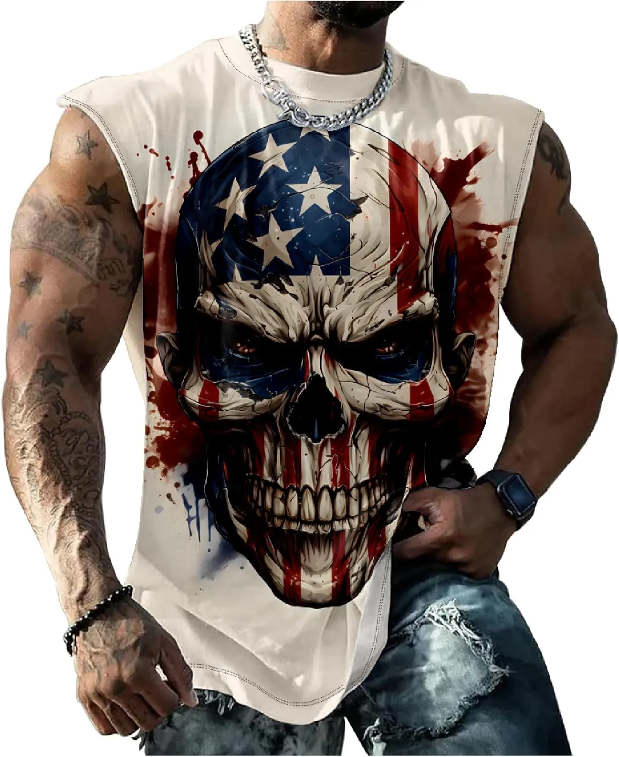 HOTYD Men's Graphic Tank Tops Novelty Skull 3D Printed Muscle Casual Sleeveless T-Shirt Summer Quick Dry Crew Neck Tees