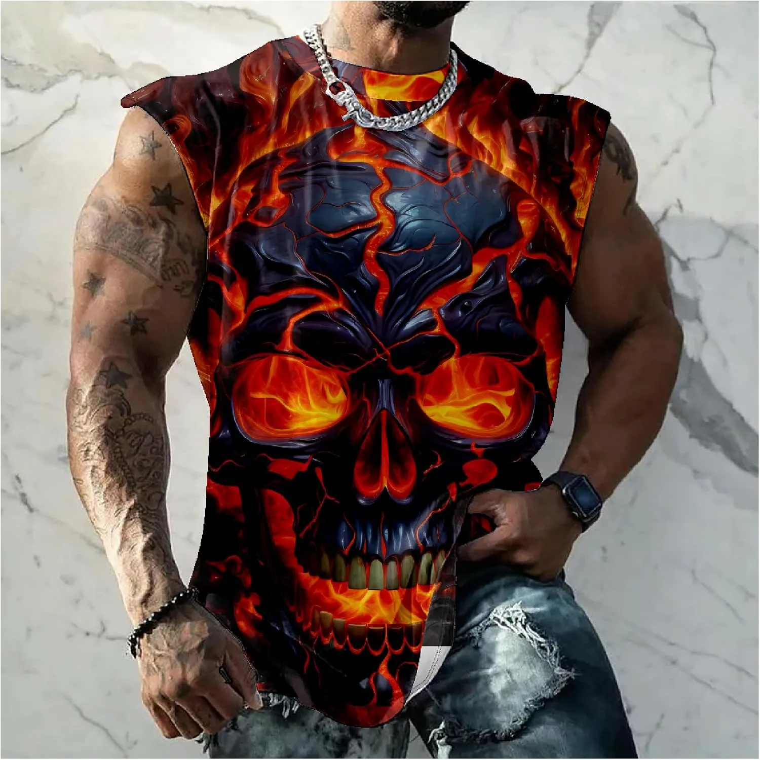 HOTYD Men's Graphic Tank Tops Novelty Skull 3D Printed Muscle Casual Sleeveless T-Shirt Summer Quick Dry Crew Neck Tees