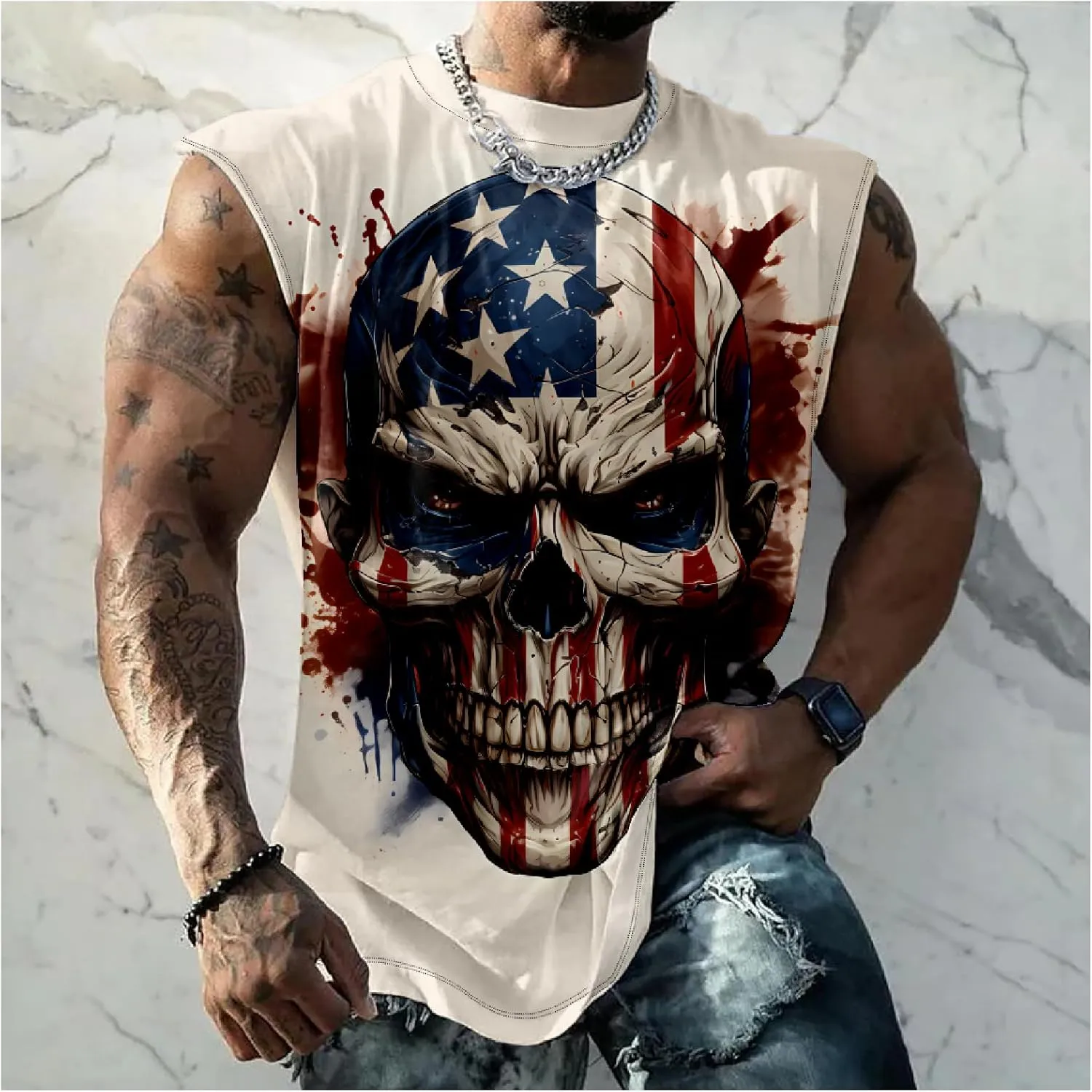 HOTYD Men's Graphic Tank Tops Novelty Skull 3D Printed Muscle Casual Sleeveless T-Shirt Summer Quick Dry Crew Neck Tees