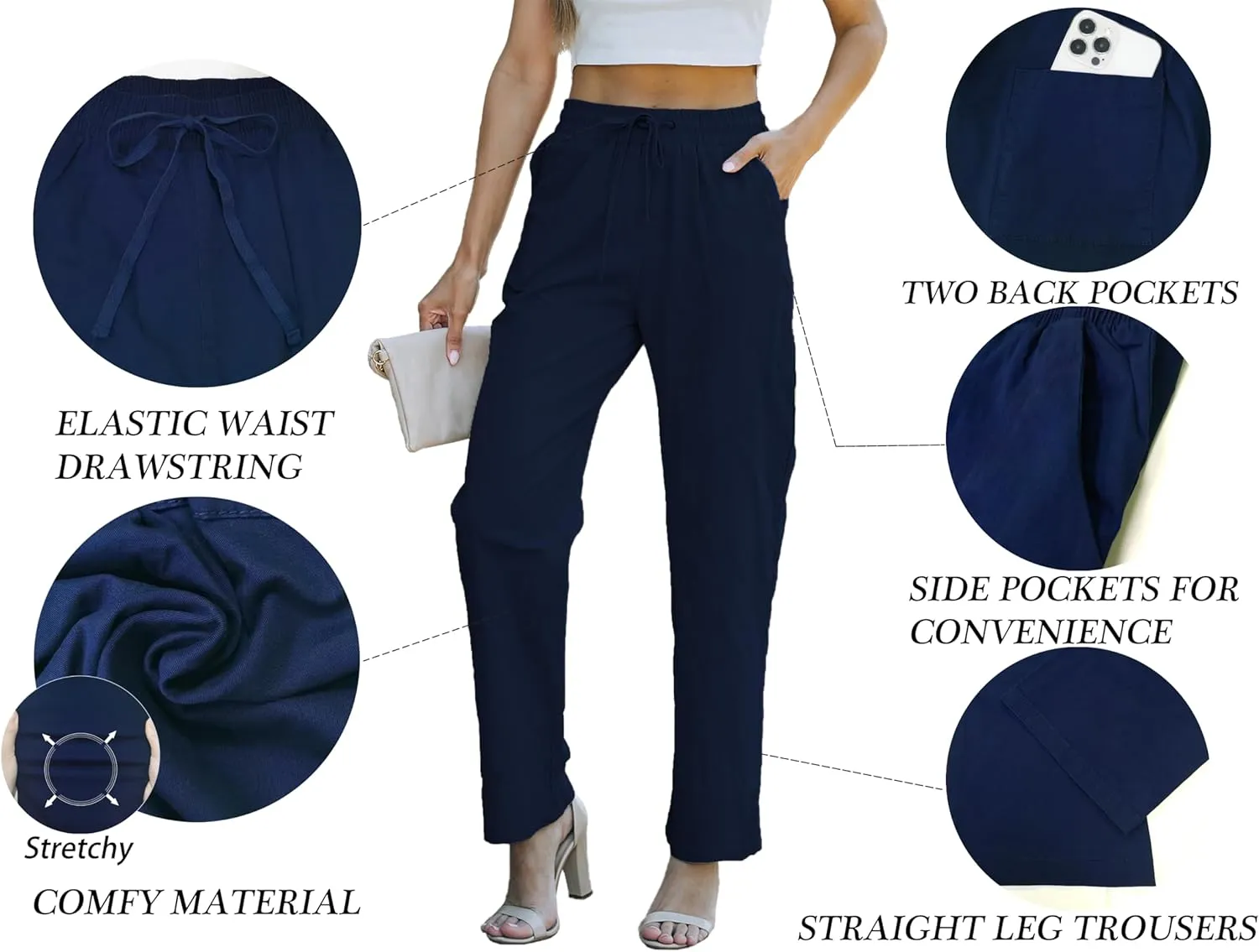 HVEPUO Womens High Waisted Casual Elastic Waist Drawstring Twill Pants Straight Leg Lightweight Cotton Trousers with Pockets