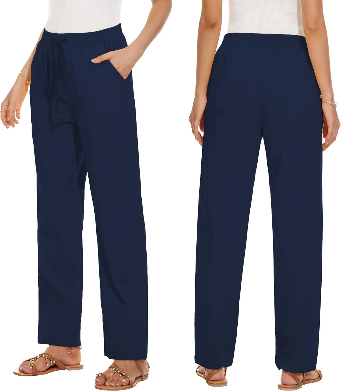 HVEPUO Womens High Waisted Casual Elastic Waist Drawstring Twill Pants Straight Leg Lightweight Cotton Trousers with Pockets