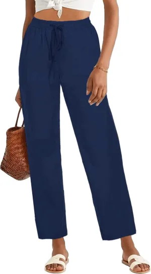 HVEPUO Womens High Waisted Casual Elastic Waist Drawstring Twill Pants Straight Leg Lightweight Cotton Trousers with Pockets