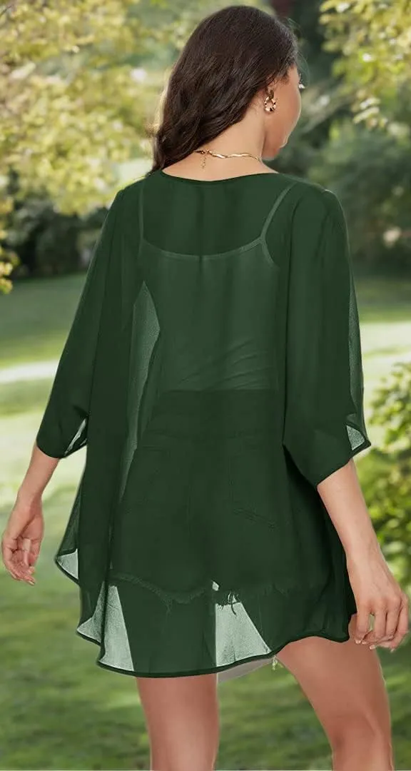 Indian Trendy Women's Solid Puff Sleeve Kimono Cardigan Loose Cover Up Casual Blouse Top Chiffon