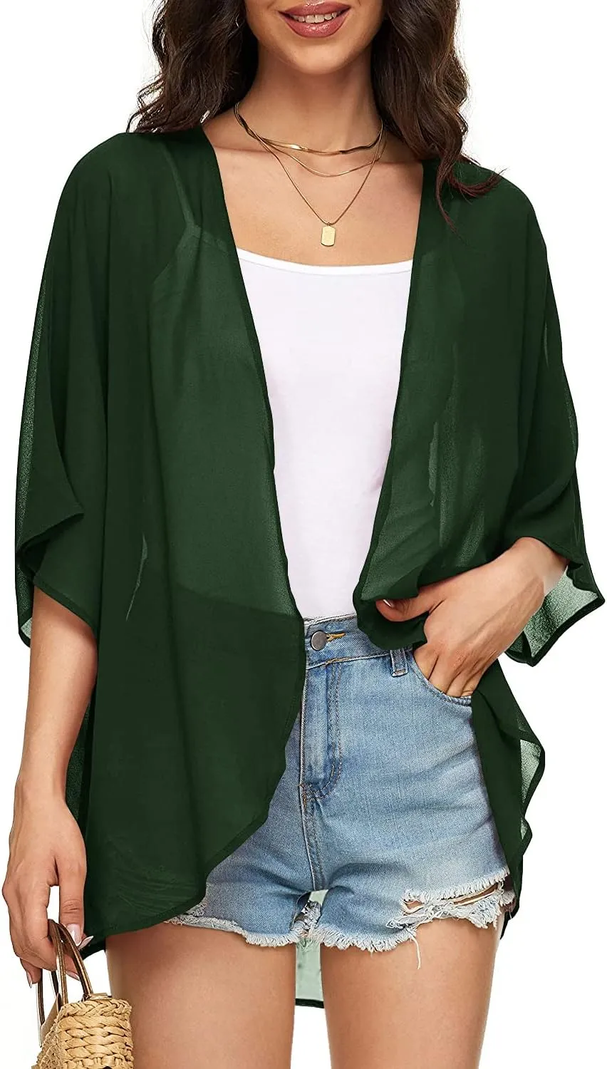Indian Trendy Women's Solid Puff Sleeve Kimono Cardigan Loose Cover Up Casual Blouse Top Chiffon