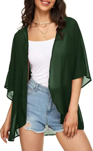 Indian Trendy Women's Solid Puff Sleeve Kimono Cardigan Loose Cover Up Casual Blouse Top Chiffon