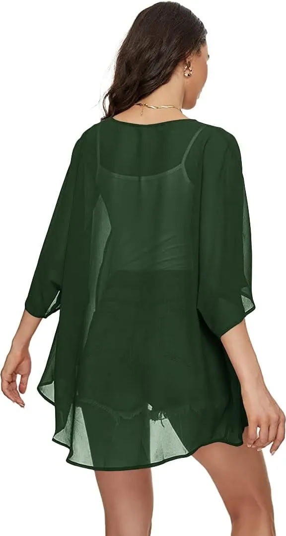 Indian Trendy Women's Solid Puff Sleeve Kimono Cardigan Loose Cover Up Casual Blouse Top Chiffon