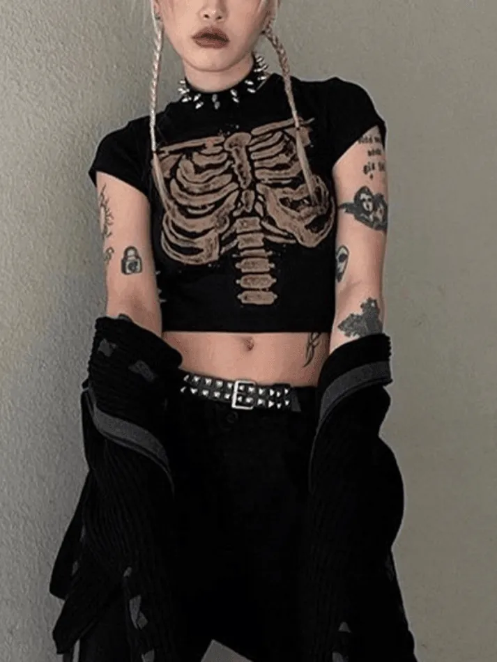 Joskaa Vintage Skeleton Printed Crop Top