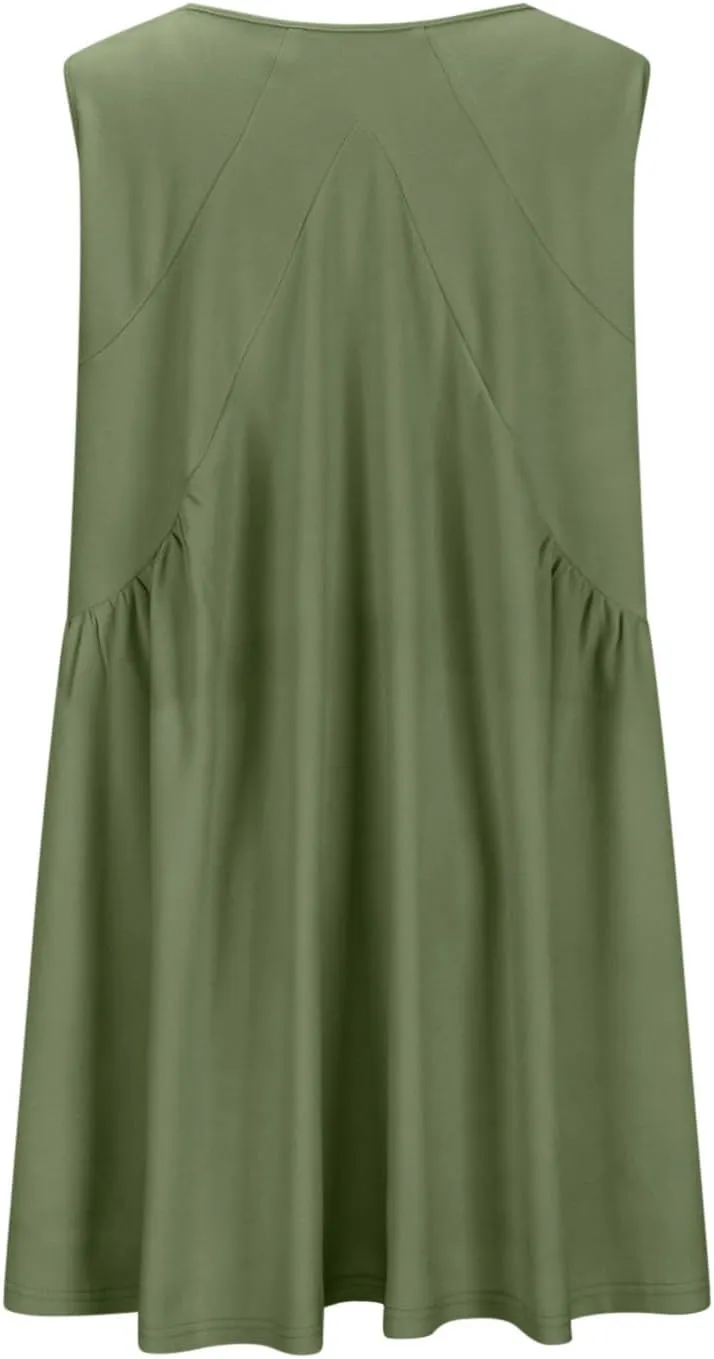 jsaierl Women Summer Sleeveless Short Dress Oversized Loose Fit Pleated Mini Dress V Neck A Line Flowy Swing Solid Cami Dress