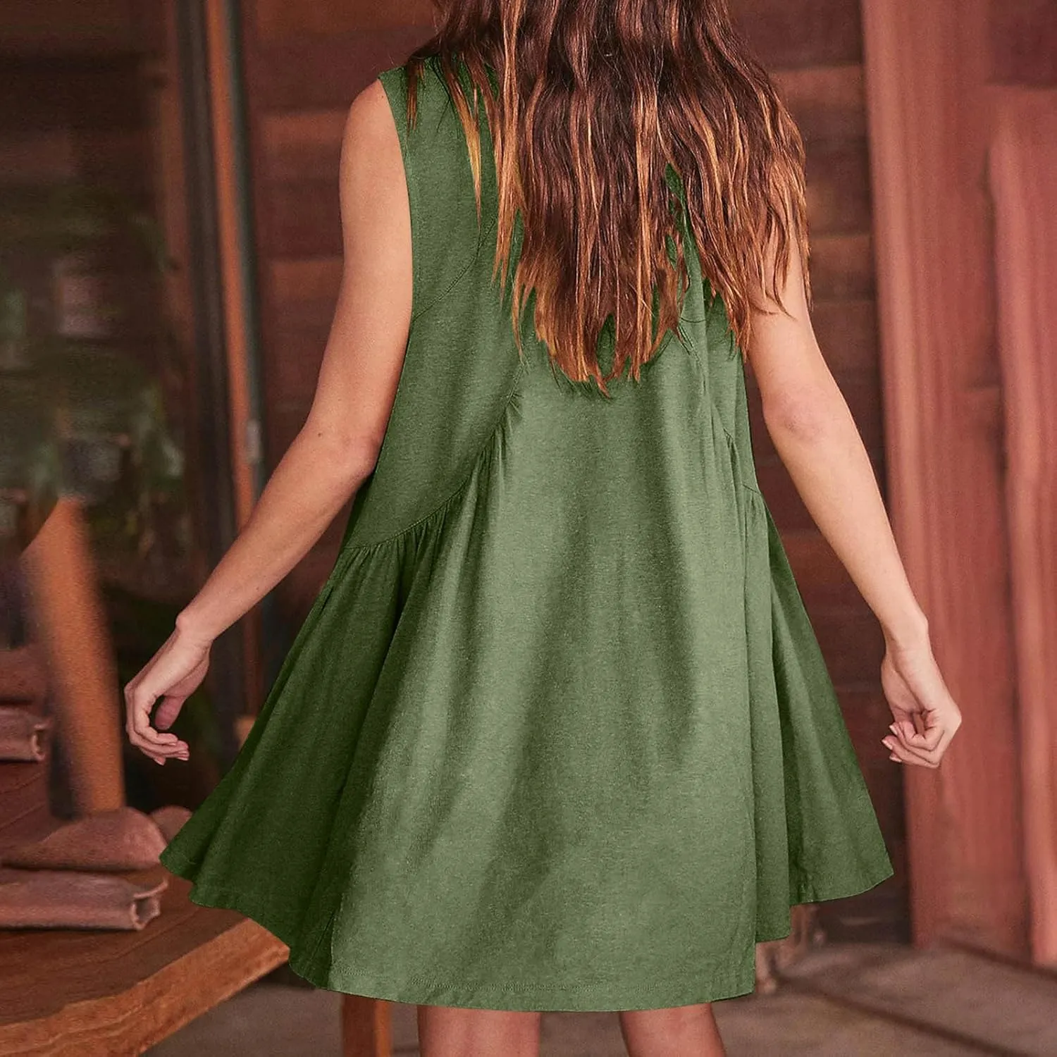 jsaierl Women Summer Sleeveless Short Dress Oversized Loose Fit Pleated Mini Dress V Neck A Line Flowy Swing Solid Cami Dress