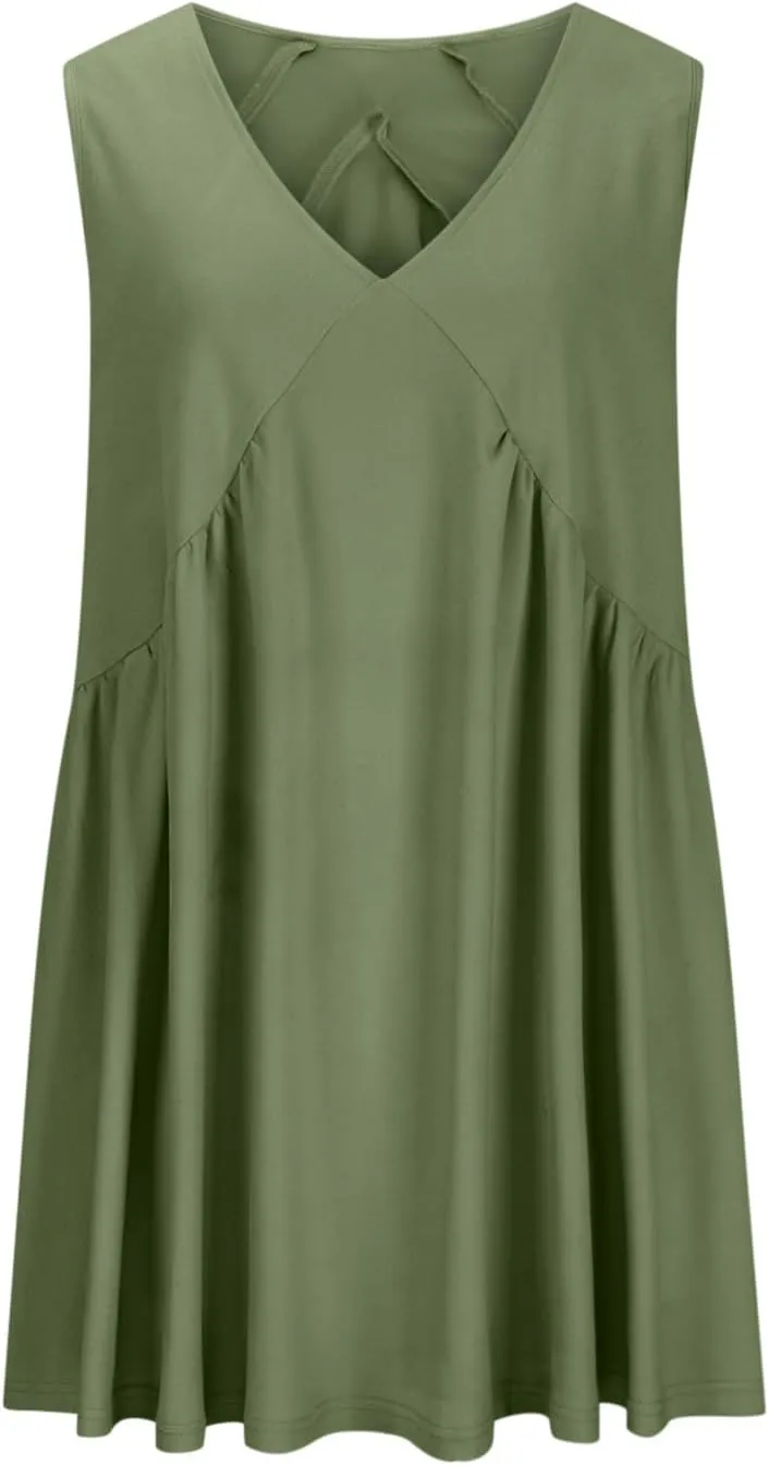 jsaierl Women Summer Sleeveless Short Dress Oversized Loose Fit Pleated Mini Dress V Neck A Line Flowy Swing Solid Cami Dress