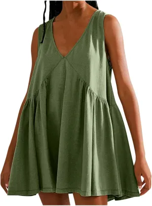 jsaierl Women Summer Sleeveless Short Dress Oversized Loose Fit Pleated Mini Dress V Neck A Line Flowy Swing Solid Cami Dress