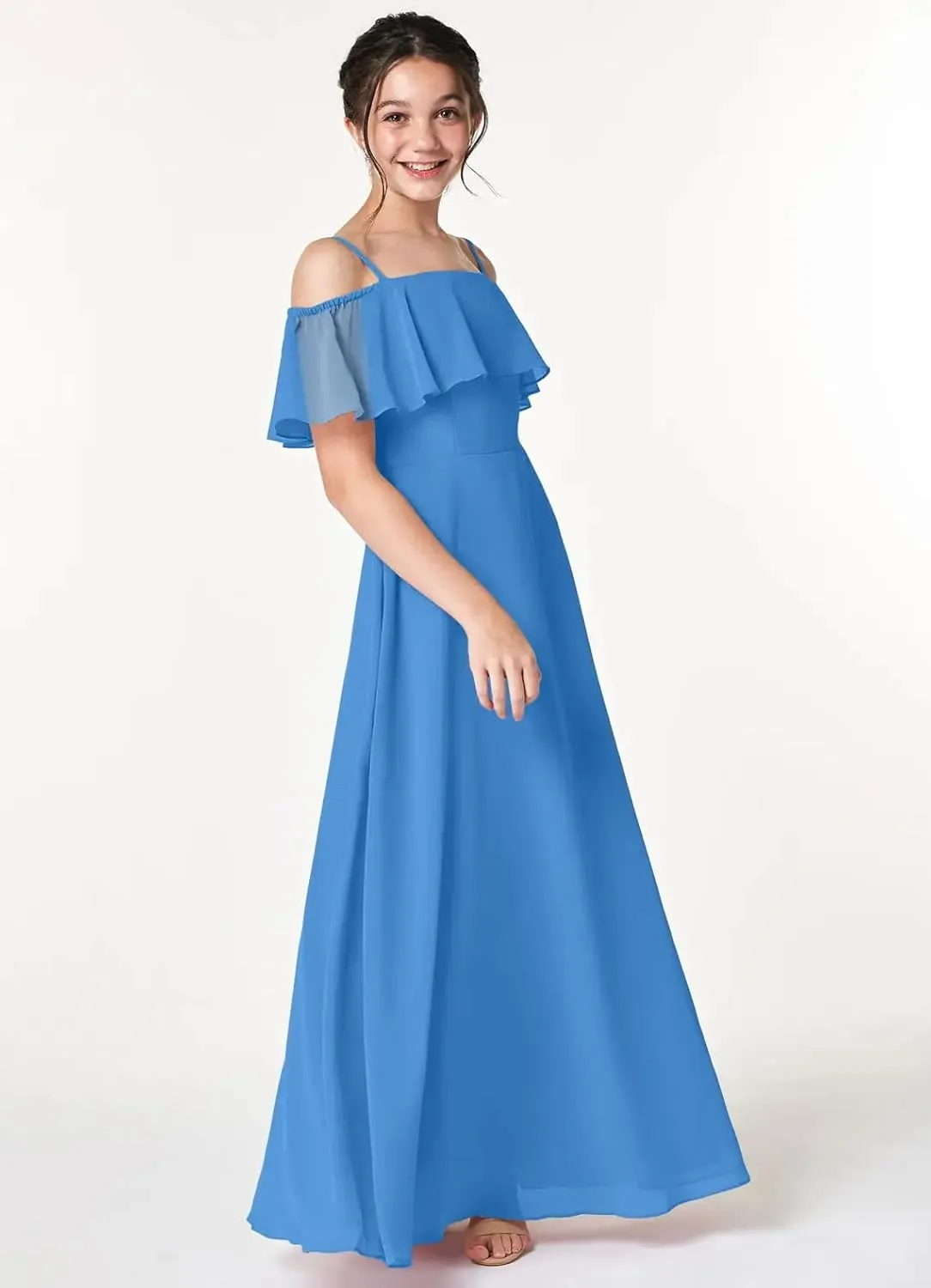 Junior Girls Bridesmaid Dress for Wedding Chiffon Off Shoulder Flower Girl Dresses for Teen Spaghetti Straps