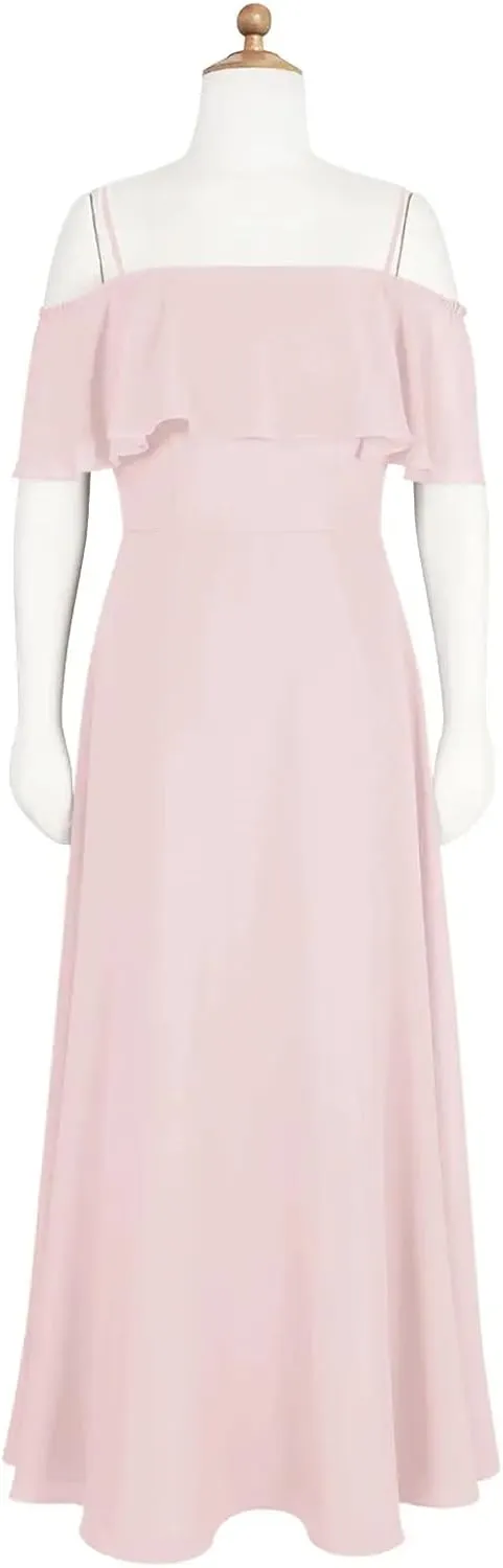 Junior Girls Bridesmaid Dress for Wedding Chiffon Off Shoulder Flower Girl Dresses for Teen Spaghetti Straps