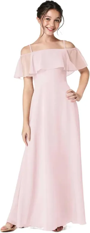 Junior Girls Bridesmaid Dress for Wedding Chiffon Off Shoulder Flower Girl Dresses for Teen Spaghetti Straps