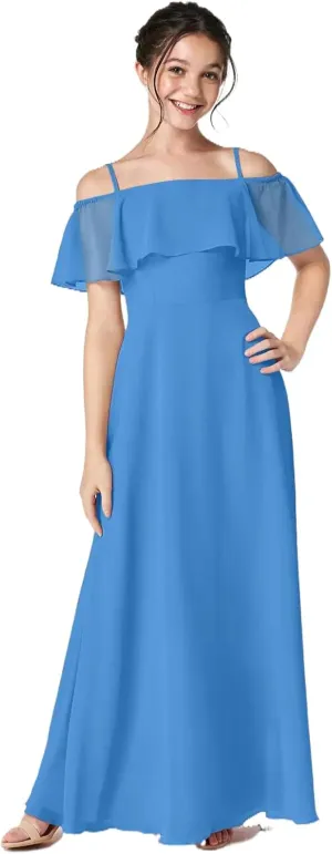 Junior Girls Bridesmaid Dress for Wedding Chiffon Off Shoulder Flower Girl Dresses for Teen Spaghetti Straps