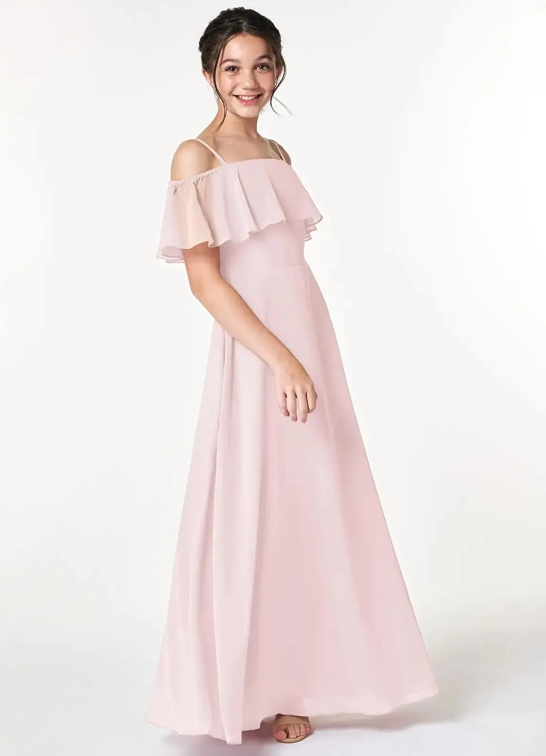 Junior Girls Bridesmaid Dress for Wedding Chiffon Off Shoulder Flower Girl Dresses for Teen Spaghetti Straps