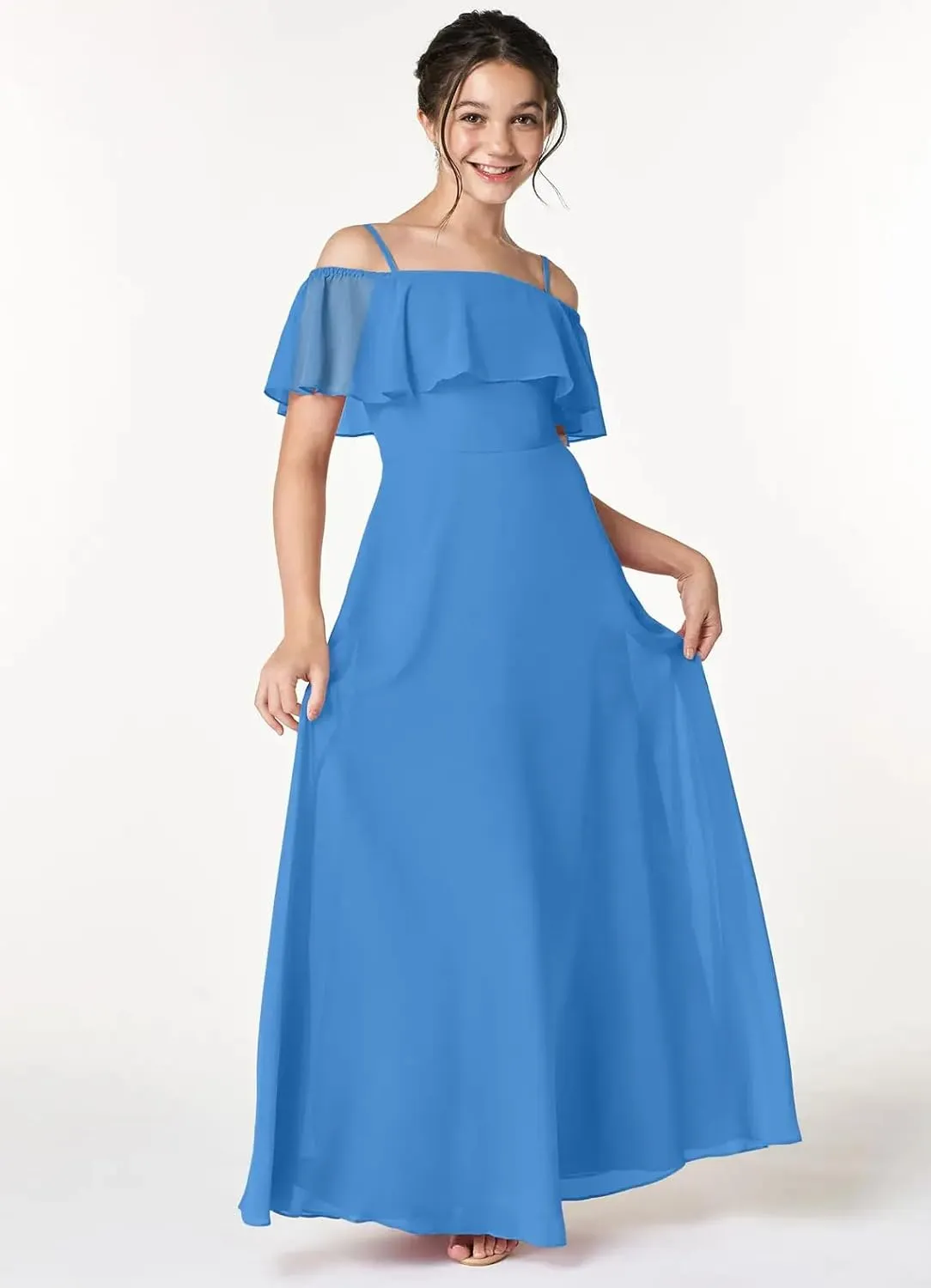 Junior Girls Bridesmaid Dress for Wedding Chiffon Off Shoulder Flower Girl Dresses for Teen Spaghetti Straps