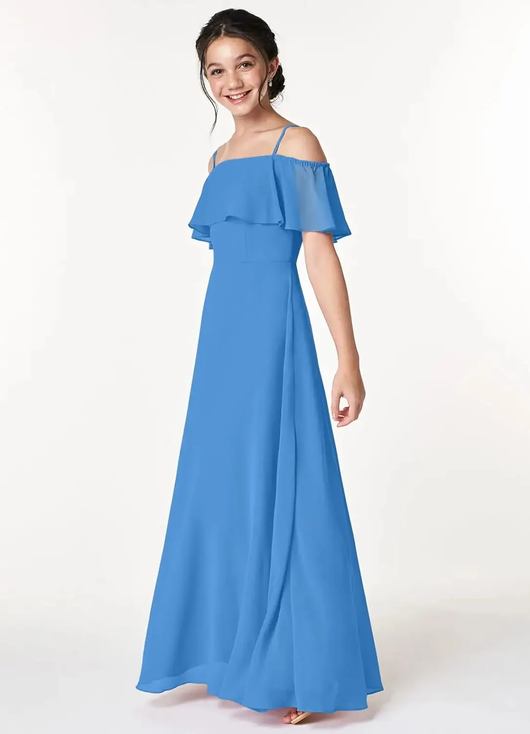 Junior Girls Bridesmaid Dress for Wedding Chiffon Off Shoulder Flower Girl Dresses for Teen Spaghetti Straps