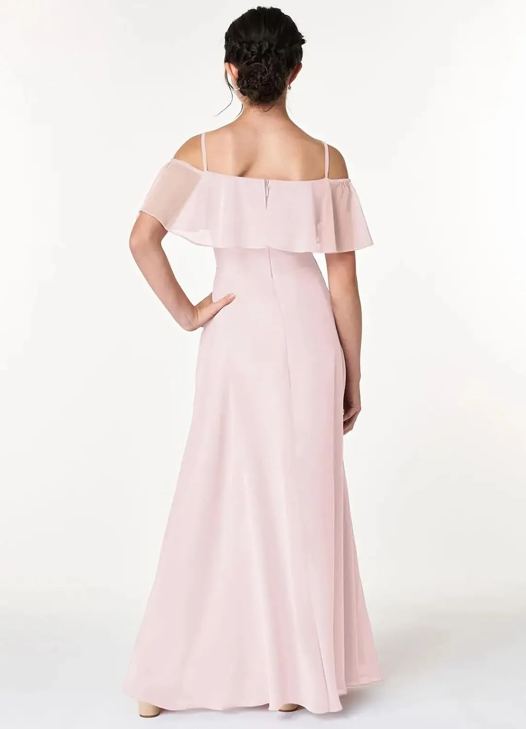 Junior Girls Bridesmaid Dress for Wedding Chiffon Off Shoulder Flower Girl Dresses for Teen Spaghetti Straps