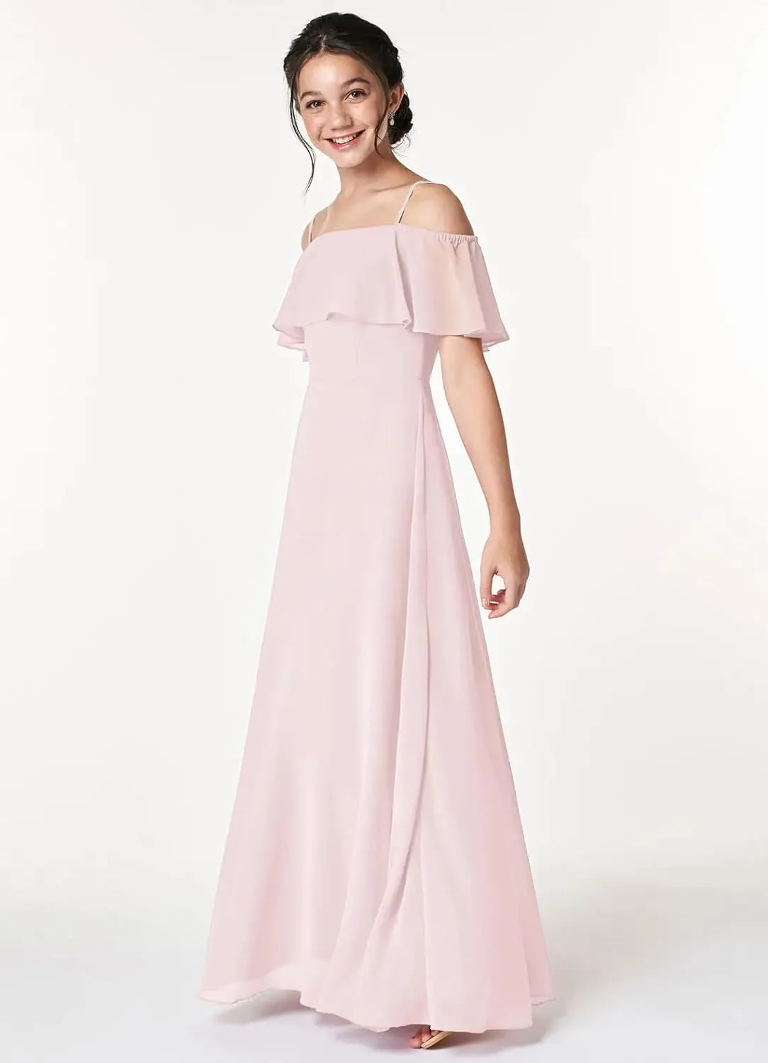 Junior Girls Bridesmaid Dress for Wedding Chiffon Off Shoulder Flower Girl Dresses for Teen Spaghetti Straps