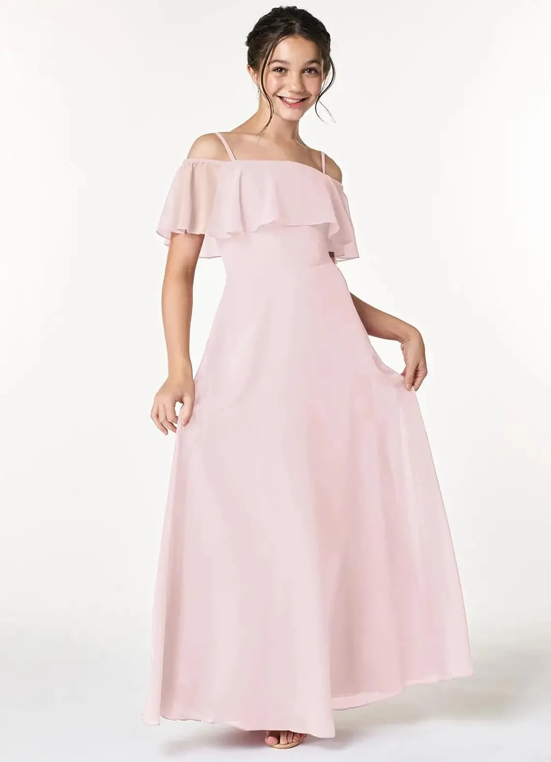 Junior Girls Bridesmaid Dress for Wedding Chiffon Off Shoulder Flower Girl Dresses for Teen Spaghetti Straps