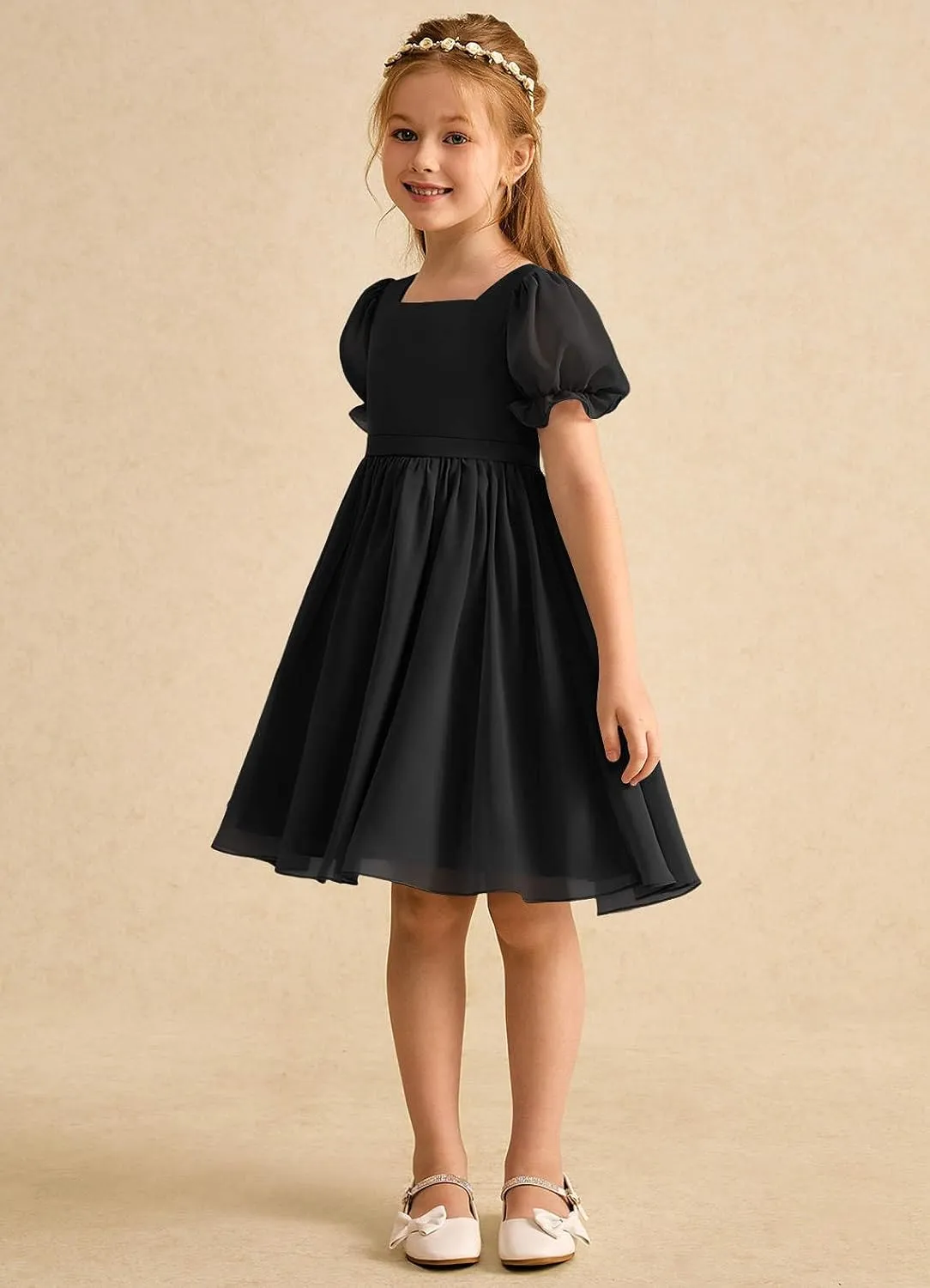 Junior Girls Bridesmaid Dress for Wedding Chiffon Short Puff Sleeve Flower Girl Dresses for Teen with Bow Back JR032