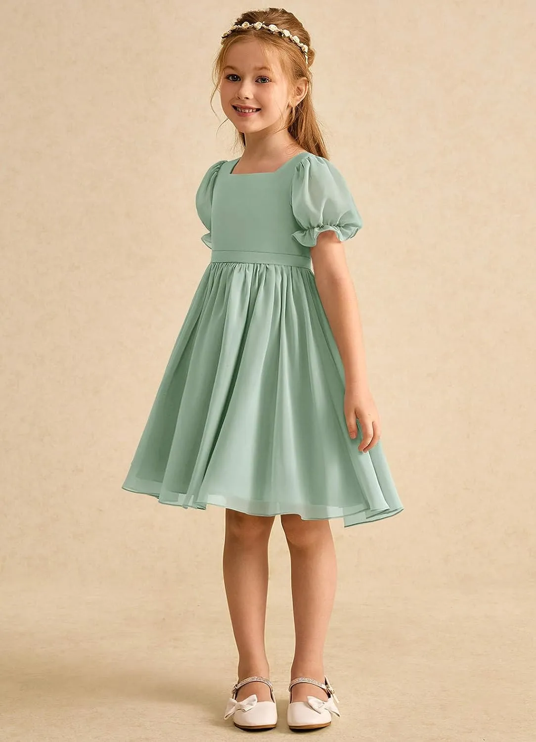 Junior Girls Bridesmaid Dress for Wedding Chiffon Short Puff Sleeve Flower Girl Dresses for Teen with Bow Back JR032